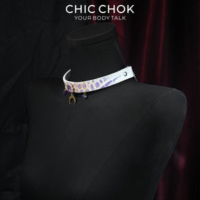 CHICCHOK Tidal Suffocation Genuine Leather Choker | Gothic Purple Zircon Crescent Moon Collar | Luxury Witchcore Cyberpunk Body Armor