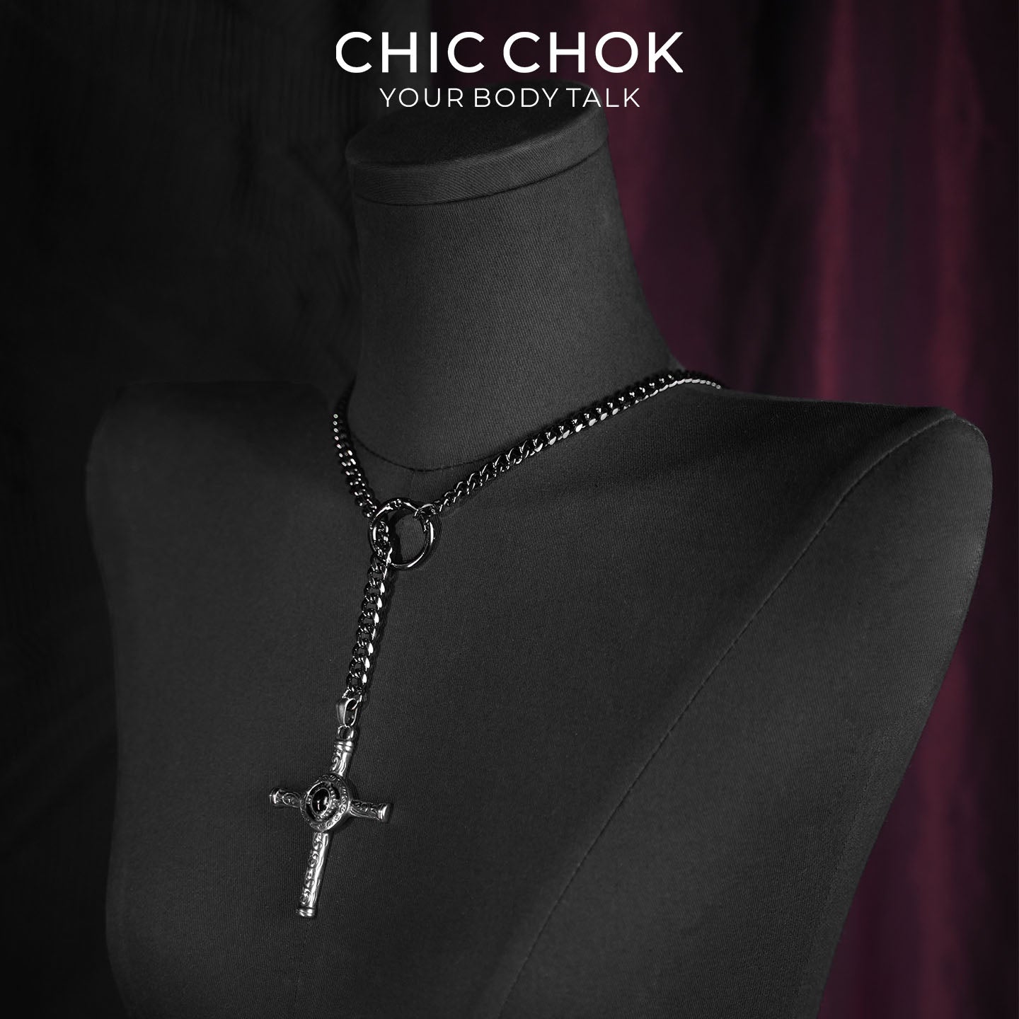 CHICCHOK Gloom Eye Crucifix Y-Lariat Necklace | Stainless Steel Cuban Link Chain | Gothic Vintage Zinc Alloy Cross Pendant Occult Jewelry