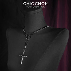 CHICCHOK Gloom Eye Crucifix Y-Lariat Necklace | Stainless Steel Cuban Link Chain | Gothic Vintage Zinc Alloy Cross Pendant Occult Jewelry