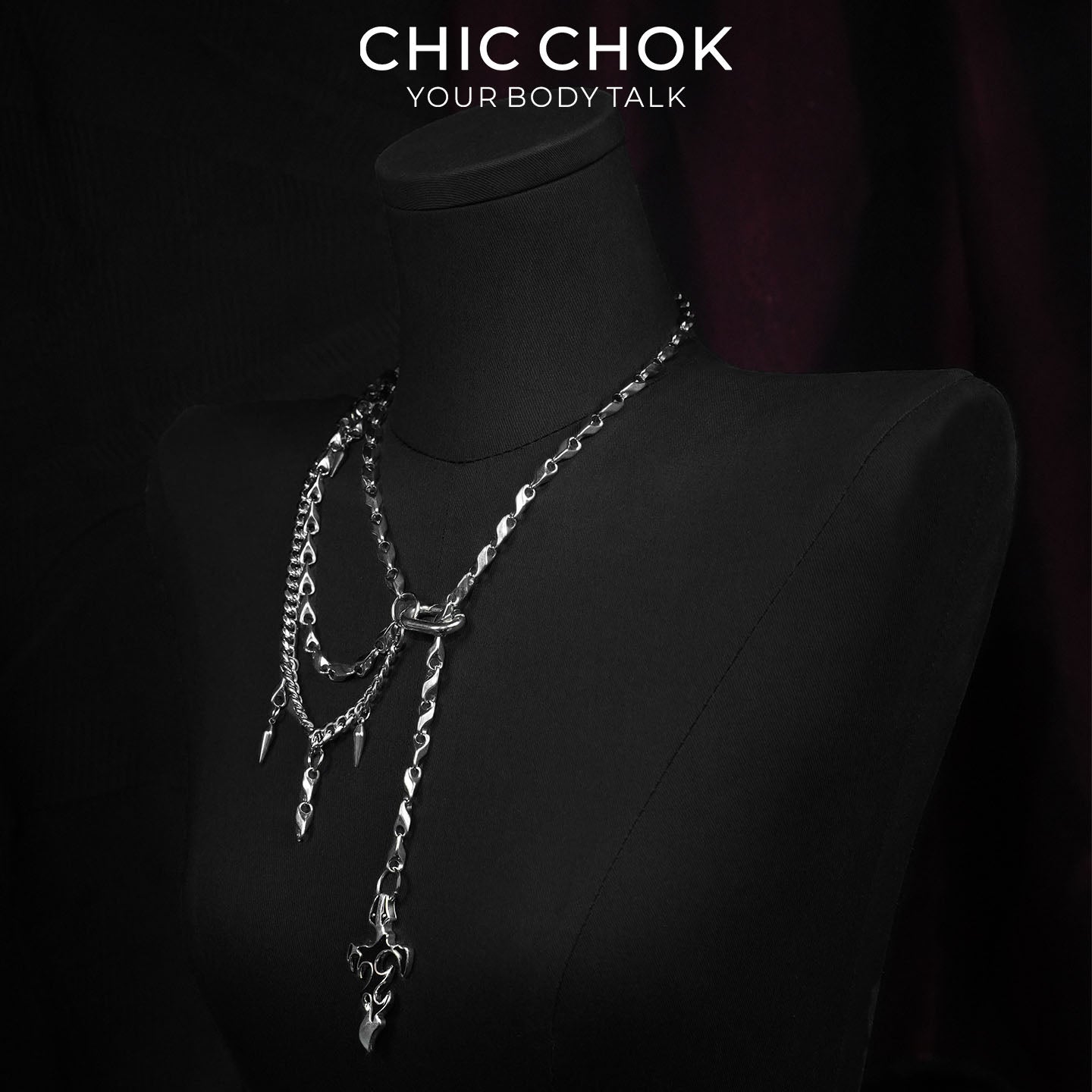 CHICCHOK Cinder Pact | Gothic Flaming Spiked Choker | Asymmetrical Body Chain Drape