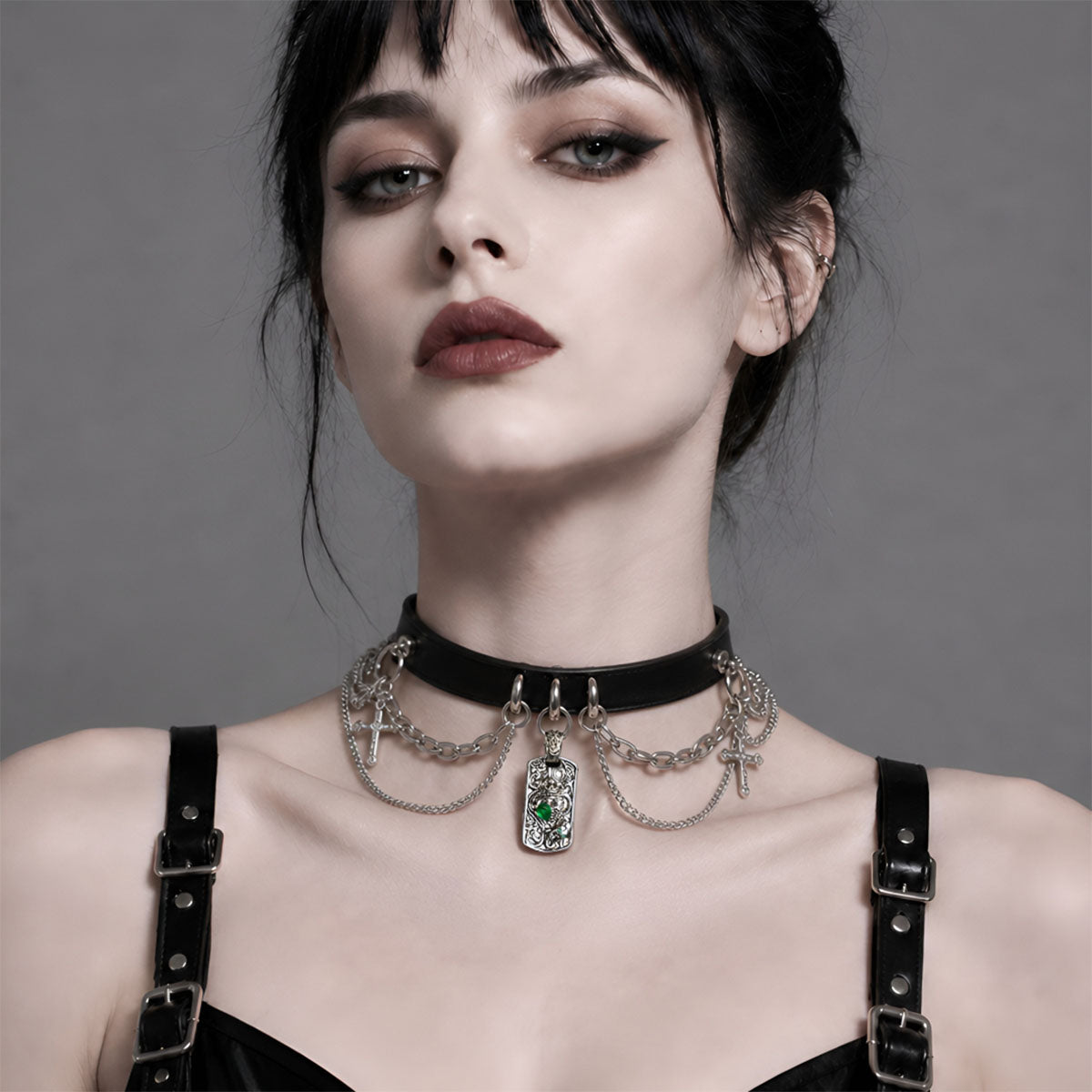 CHICCHOK Emerald Night Ritual Leather Choker | Gothic Layered Chain Stainless Steel Collar | Ornate Emerald Amulet Vampire Grunge Jewelry