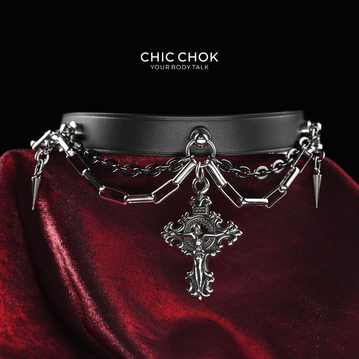 CHICCHOK Breathless and Redemption Genuine Leather Choker | Gothic Thorn Cross Pendant Collar | Luxury Subversive Techwear Body Armor Jewelry