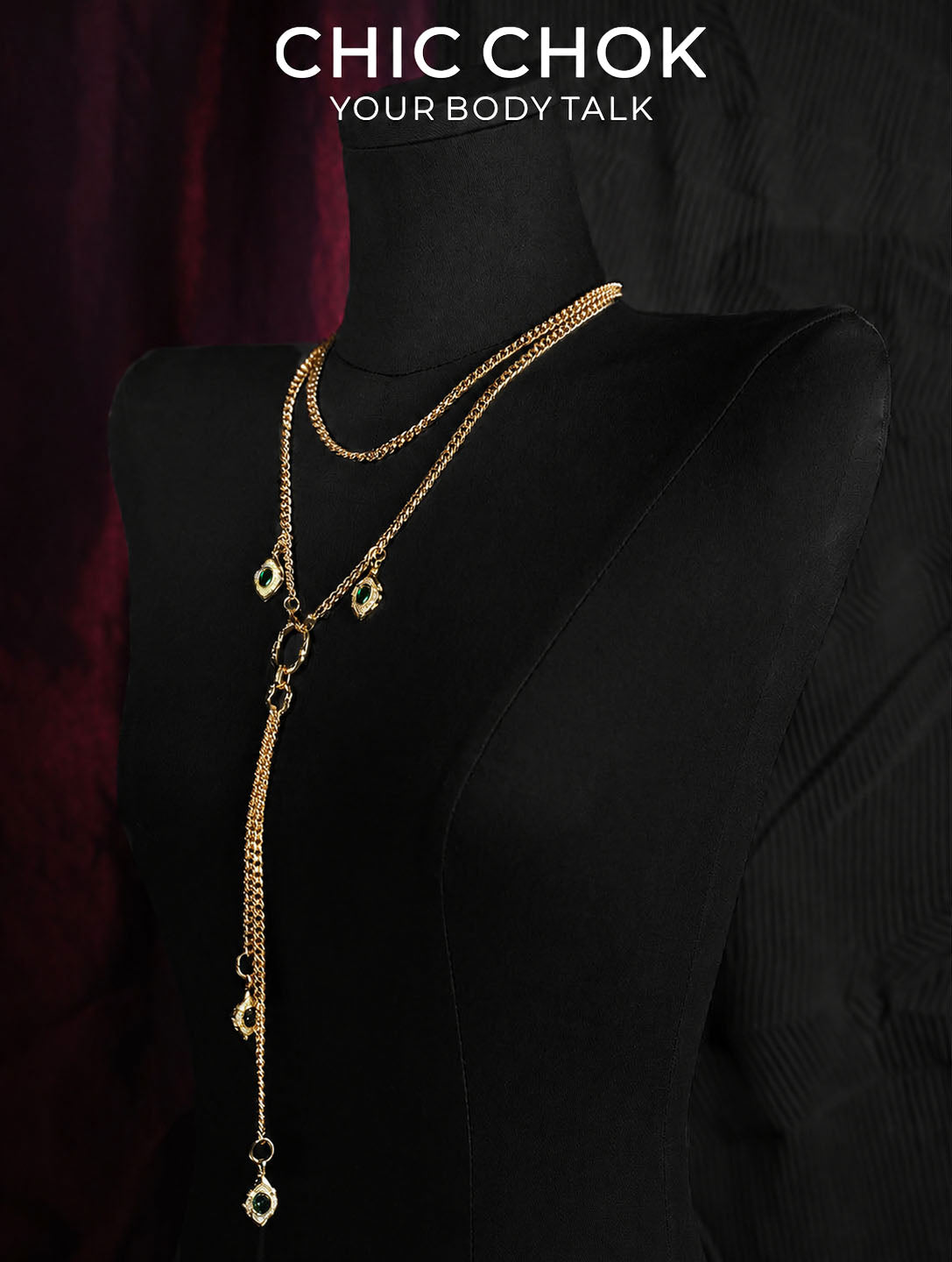 CHICCHOK Gilded Emerald Vigil Y-Lariat Necklace | Handcrafted Titanium Steel Multi-Layer Cuban Chain | Luxury Baroque Green Zircon Pendant Gothic Jewelry