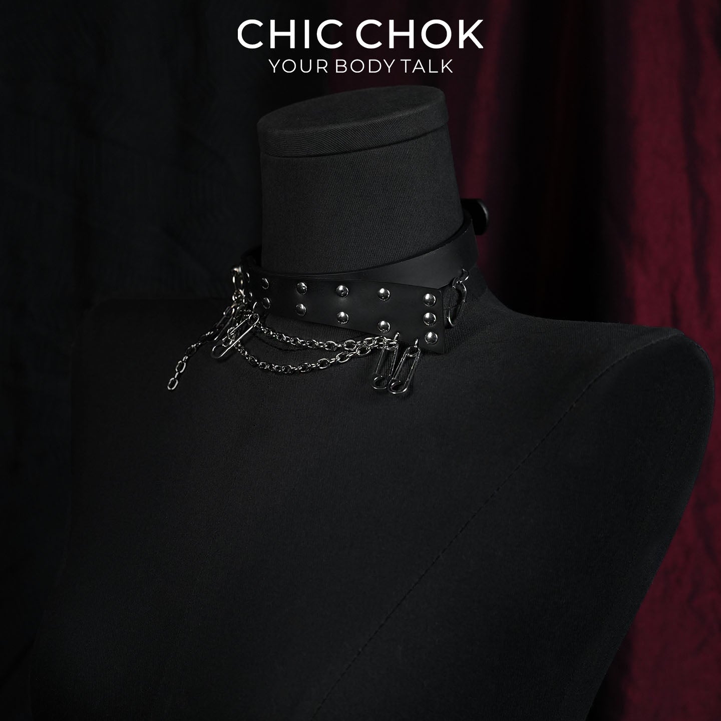 CHICCHOK Fractured Chain Pin | Genuine Leather Safety Pin Choker | Punk Grunge Collar