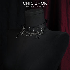 CHICCHOK Fractured Chain Pin | Genuine Leather Safety Pin Choker | Punk Grunge Collar