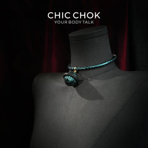 CHIC CHOK The Orchid’s Gaze Teal Snake-Texture Collar with Silent Bell Pendant