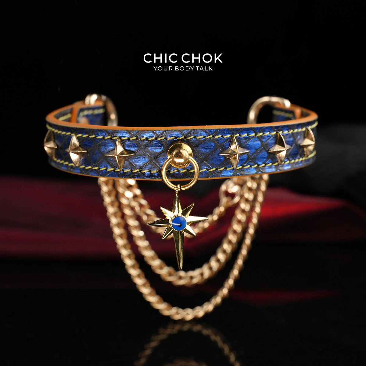 CHICCHOK Breathless Tarot | Blue Snake Leather Choker | Gold Octagram Star Collar