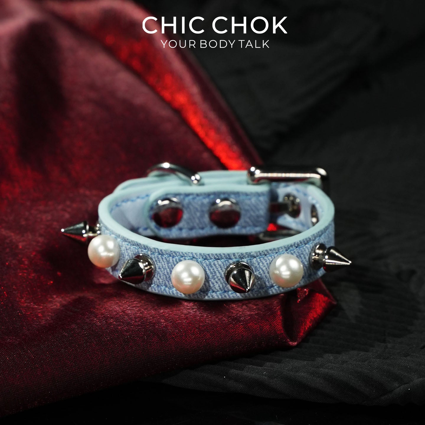 CHICCHOK Hidden Edge Denim Spiked Pearl Bracelet | Gothic Light Blue Washed Canvas Cuff | Y2K Cyberpunk Punk Rock Metal Studded Wristband for Sensitive Skin