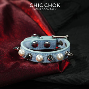 CHICCHOK Hidden Edge Denim Spiked Pearl Bracelet | Gothic Light Blue Washed Canvas Cuff | Y2K Cyberpunk Punk Rock Metal Studded Wristband for Sensitive Skin