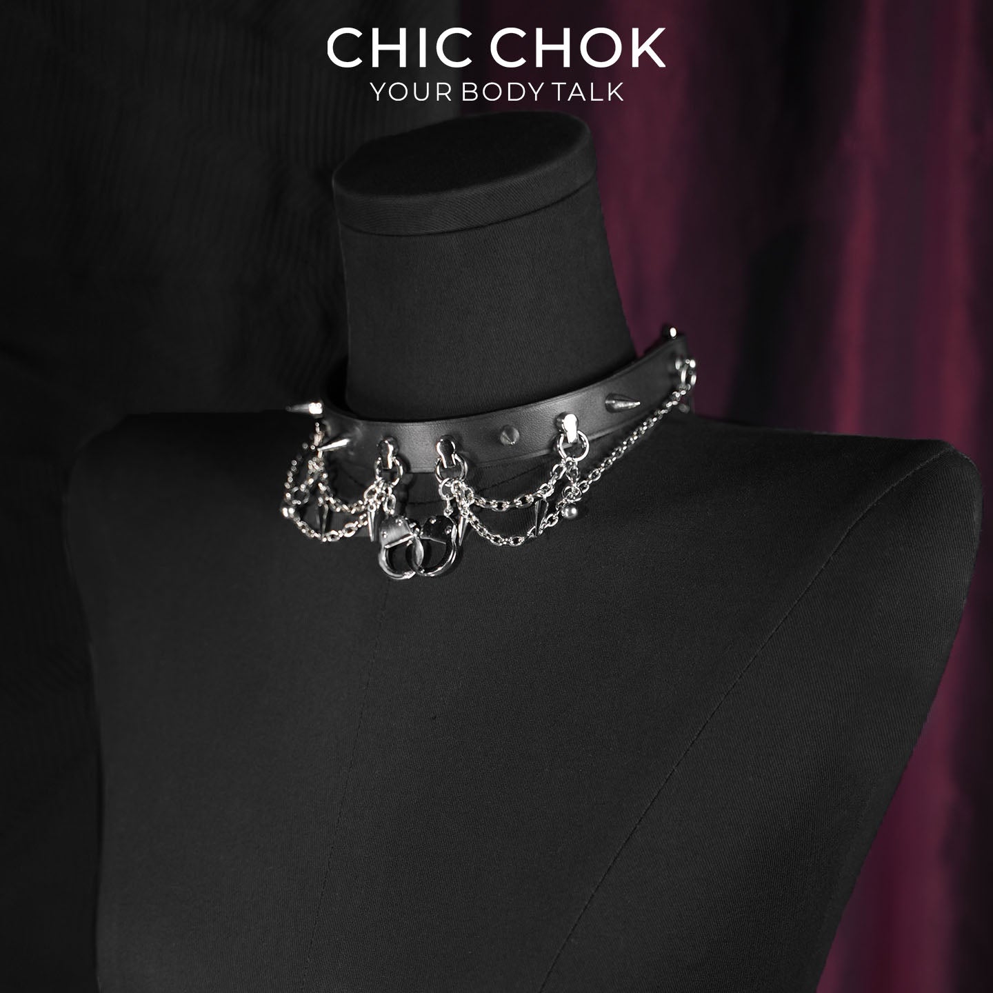 CHICCHOK Shackle Cage Handcuff Choker | Gothic Glossy Black Leather Spiked Collar | Subversive BDSM Aesthetic Industrial Punk Metal Chain Link Body Armor