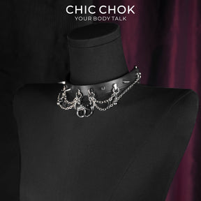 CHICCHOK Shackle Cage Handcuff Choker | Gothic Glossy Black Leather Spiked Collar | Subversive BDSM Aesthetic Industrial Punk Metal Chain Link Body Armor