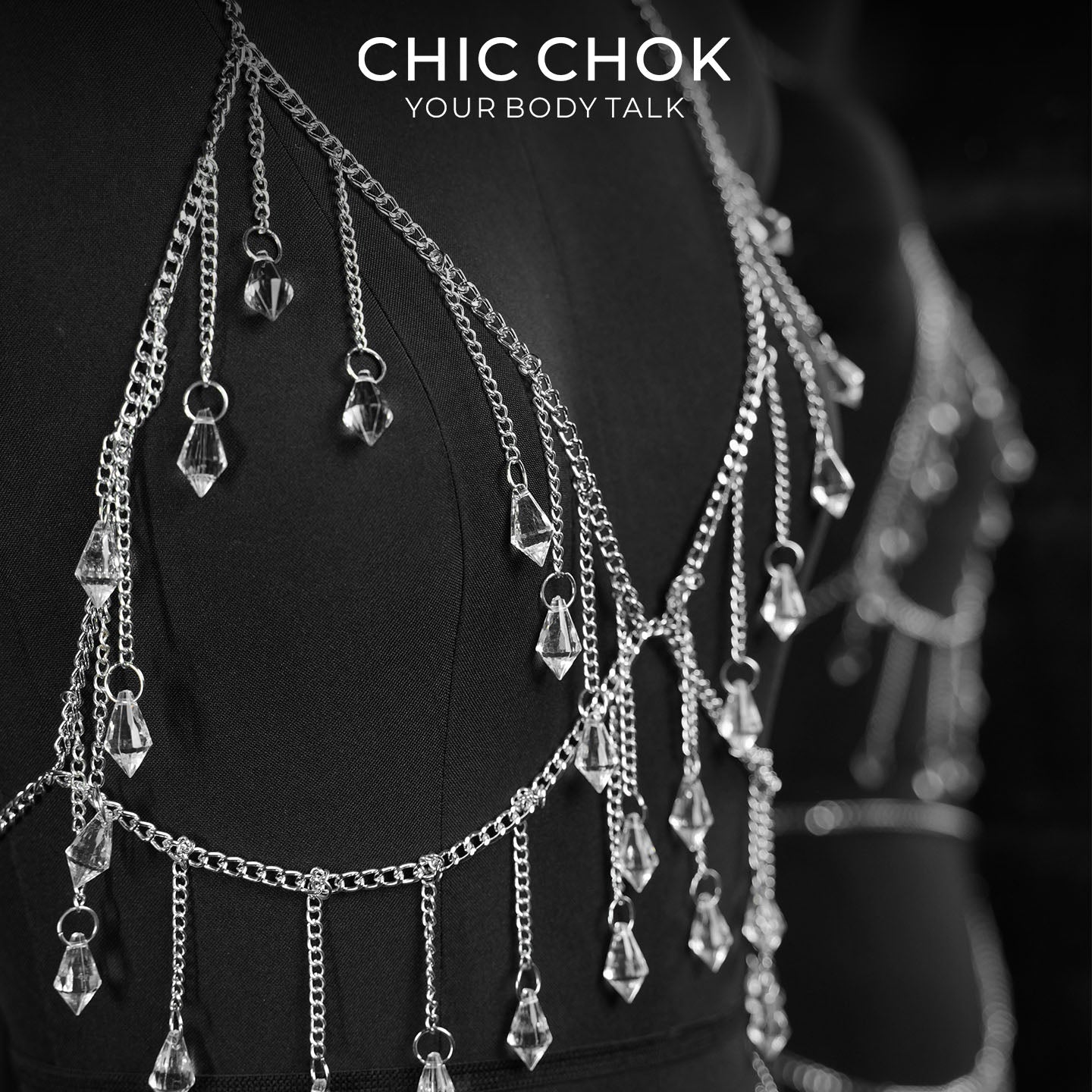 CHICCHOK Tears of the Siren | Set Rantai Tubuh Kristal Perak | Harness Berlapis & Perhiasan Pinggang