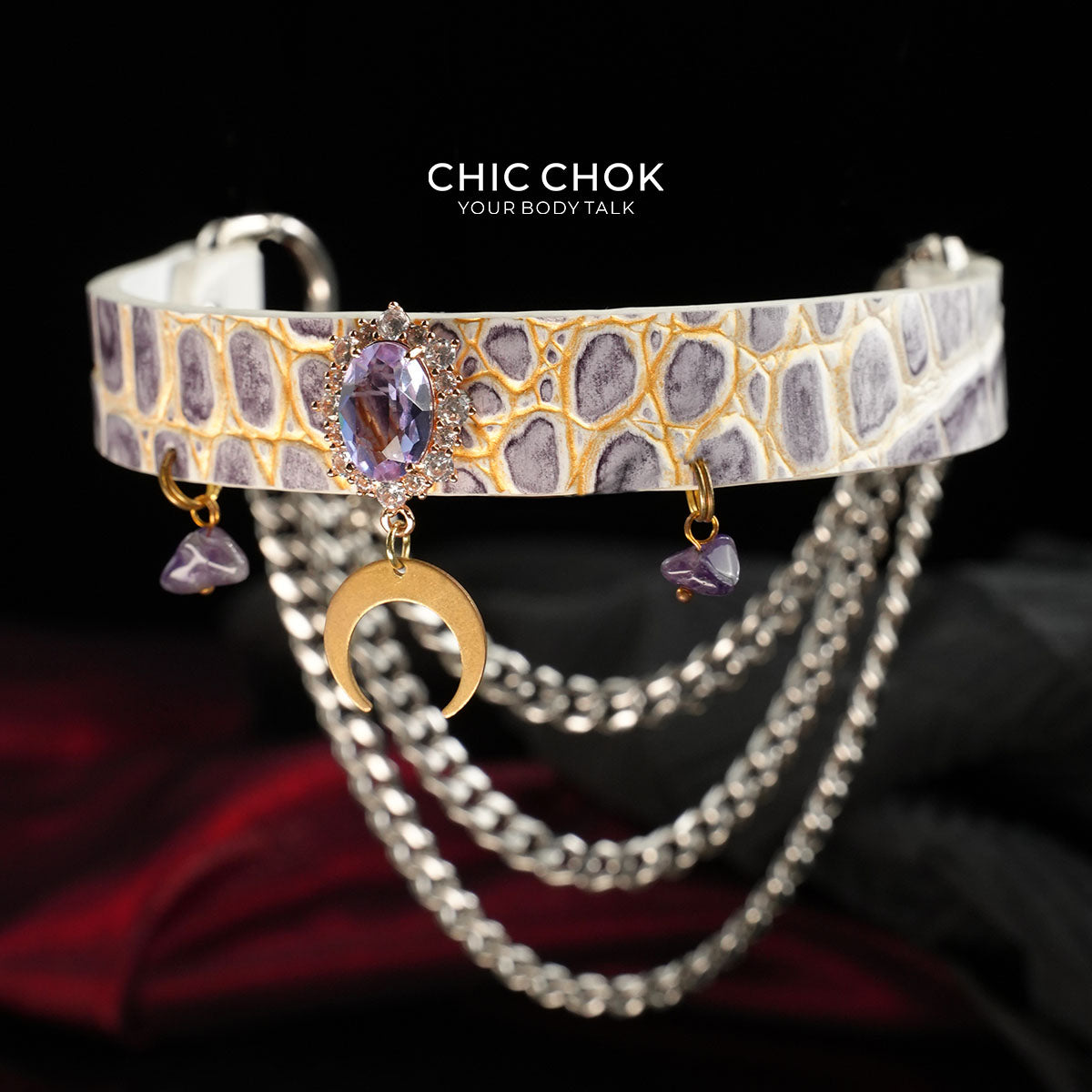 CHICCHOK Tidal Suffocation Genuine Leather Choker | Gothic Purple Zircon Crescent Moon Collar | Luxury Witchcore Cyberpunk Body Armor