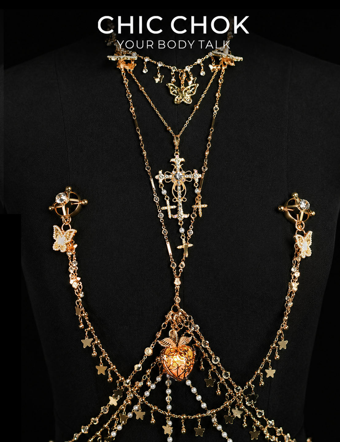 CHICCHOK Oracle's Kiss Gothic Cross Body Chain | Gold Plated Chest Harness | Luxury Zircon Subversive Caviar Jewelry
