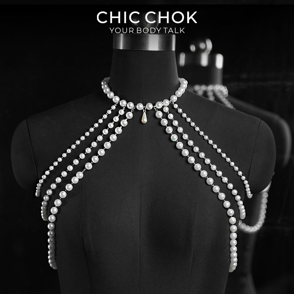 CHICCHOK Luminous Pearl Cape | Layered Shoulder Body Chain | Gothic Pearl Harness