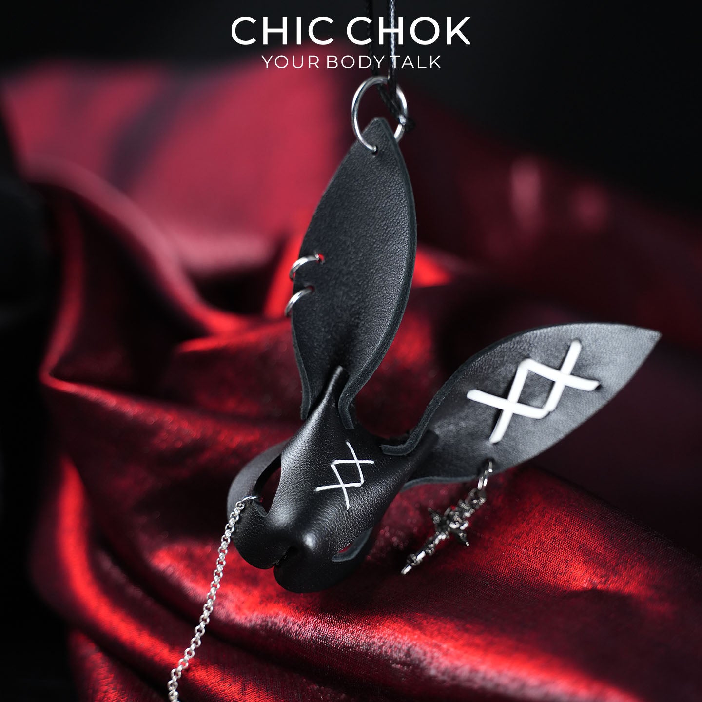CHICCHOK Twin Shadow Rabbits | Matte Black Genuine Leather Dark Pendant | Gothic Cross-Sword Rune Accessory