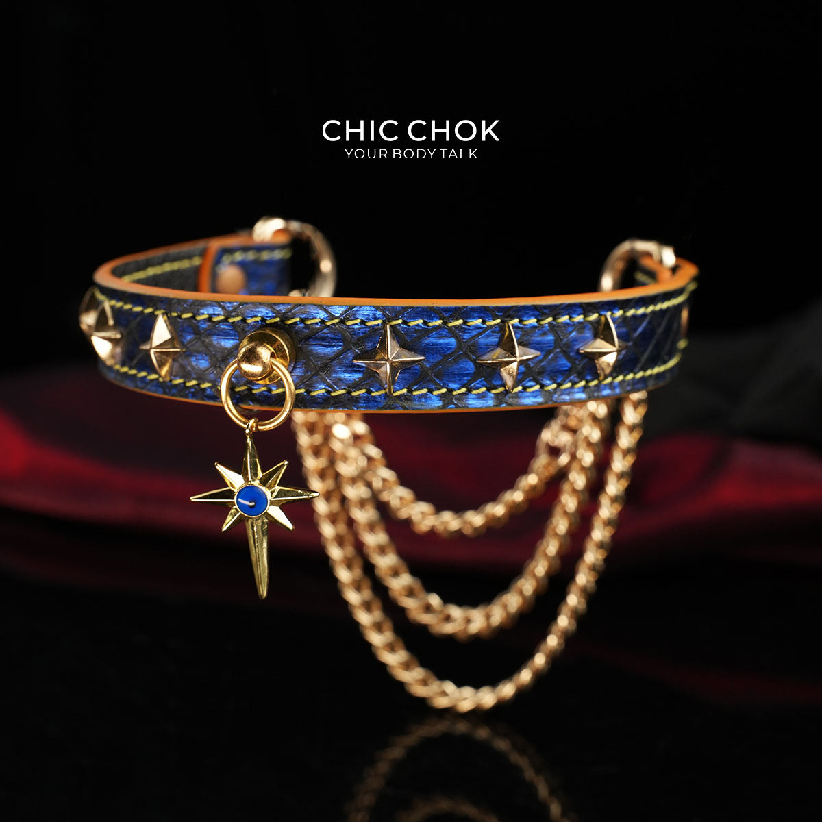 CHICCHOK Breathless Tarot | Blue Snake Leather Choker | Gold Octagram Star Collar