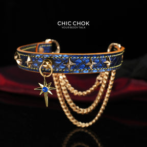 CHICCHOK Breathless Tarot | Blue Snake Leather Choker | Gold Octagram Star Collar