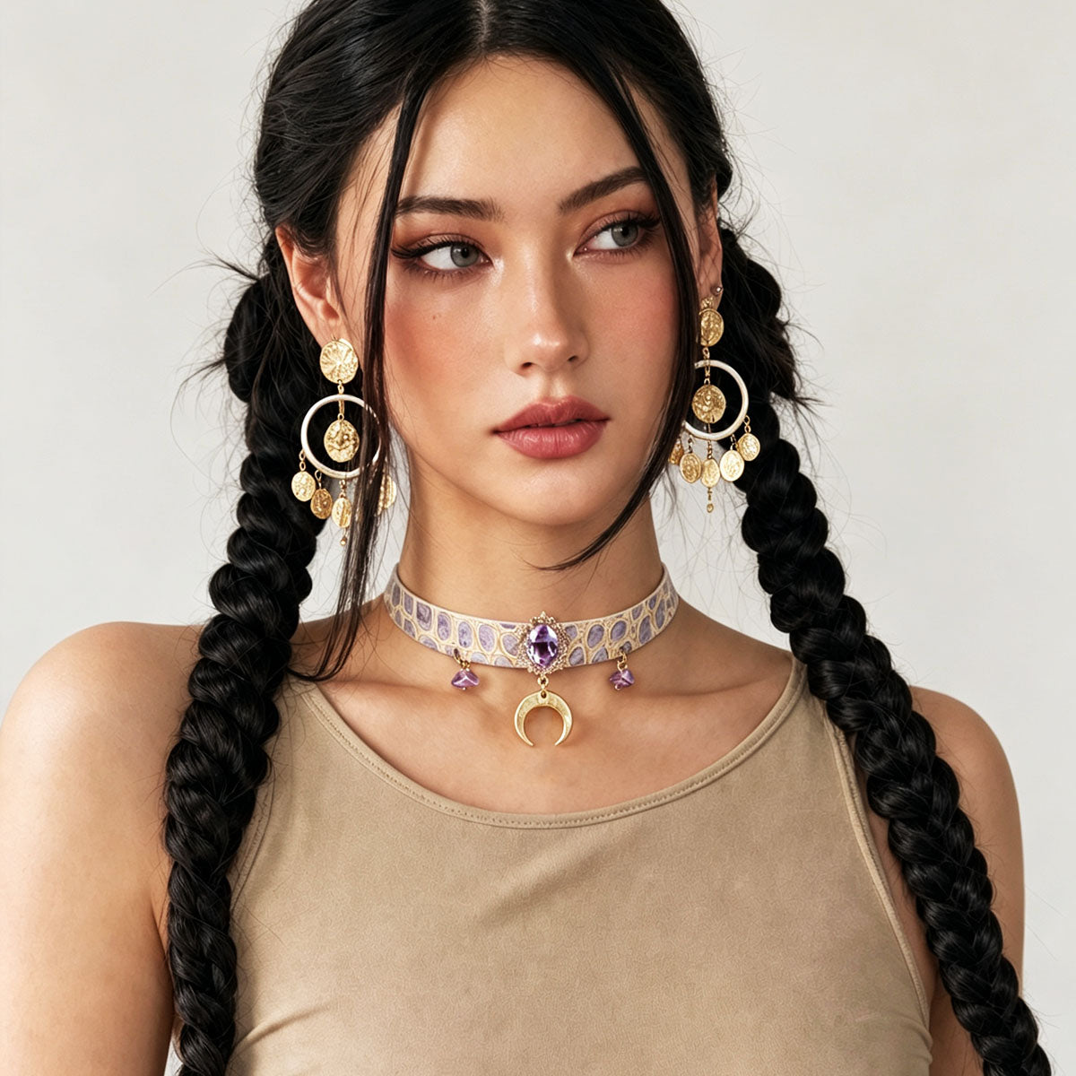CHICCHOK Tidal Suffocation Genuine Leather Choker | Gothic Purple Zircon Crescent Moon Collar | Luxury Witchcore Cyberpunk Body Armor