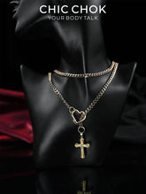 CHICCHOK Sacred Heart Emerald Shadow Kalung Y-Lariat | Choker Salib Barok Berlapis Emas | Perhiasan Tubuh Gotik Mewah Berzircon