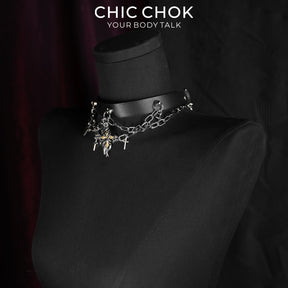 CHICCHOK Stigmata Echo Genuine Leather Choker | Gothic Cross Fringe Collar | Luxury Baroque Subversive Body Armor