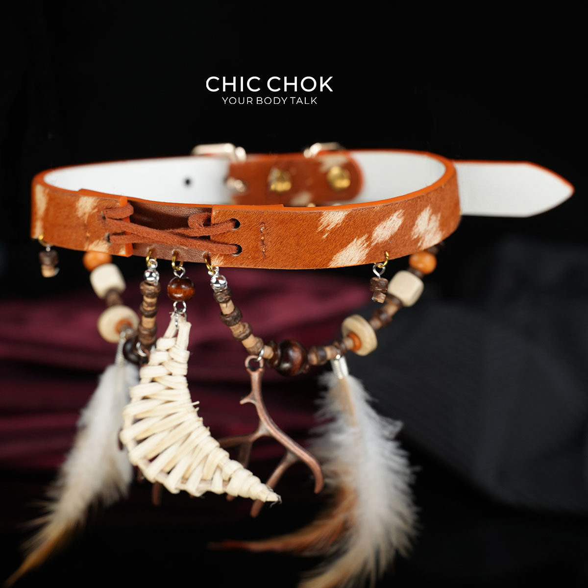 CHICCHOK "Nomadic Moon Anthem" Tribal Horsehair Leather Choker | Woven Crescent & Feather Pendants | Bohemian Festival Neckwear