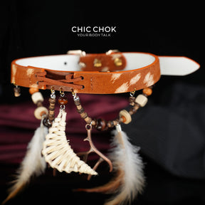 CHICCHOK "Nomadic Moon Anthem" Tribal Horsehair Leather Choker | Woven Crescent & Feather Pendants | Bohemian Festival Neckwear