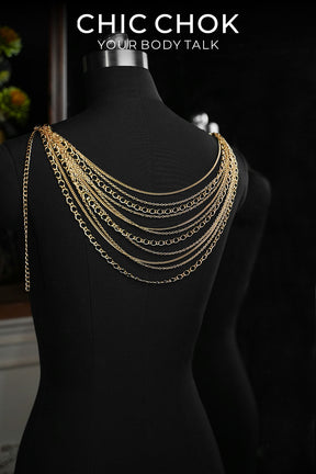 CHICCHOK Golden Wave Mesh Body Chain | 3-Way Multi-Wear Silver Cuban Link Harness | Gothic Luxury Beachwear Festival Waist Back Jewelry
