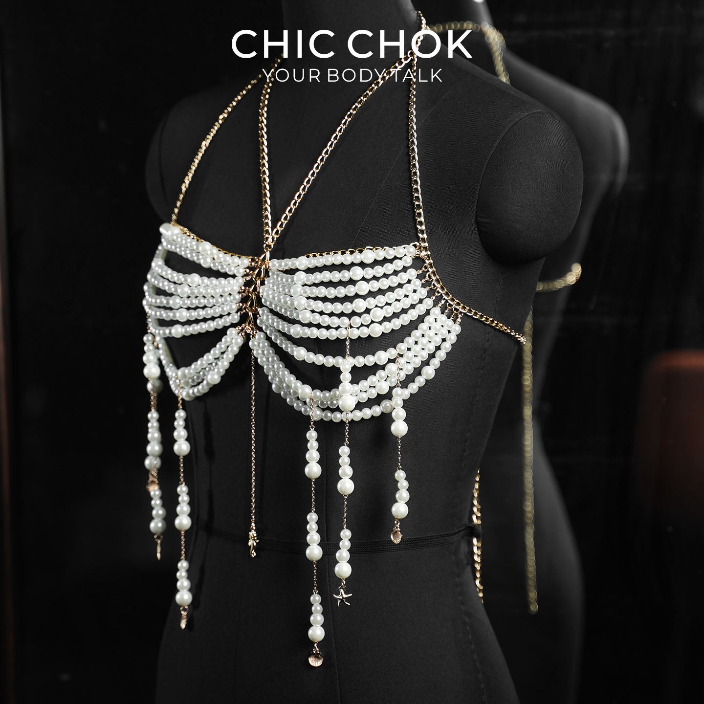 CHICCHOK Golden Pearl Cascade | warstwowy łańcuch na ciało typu halter | uprząż bralette z chwostami i peleryną