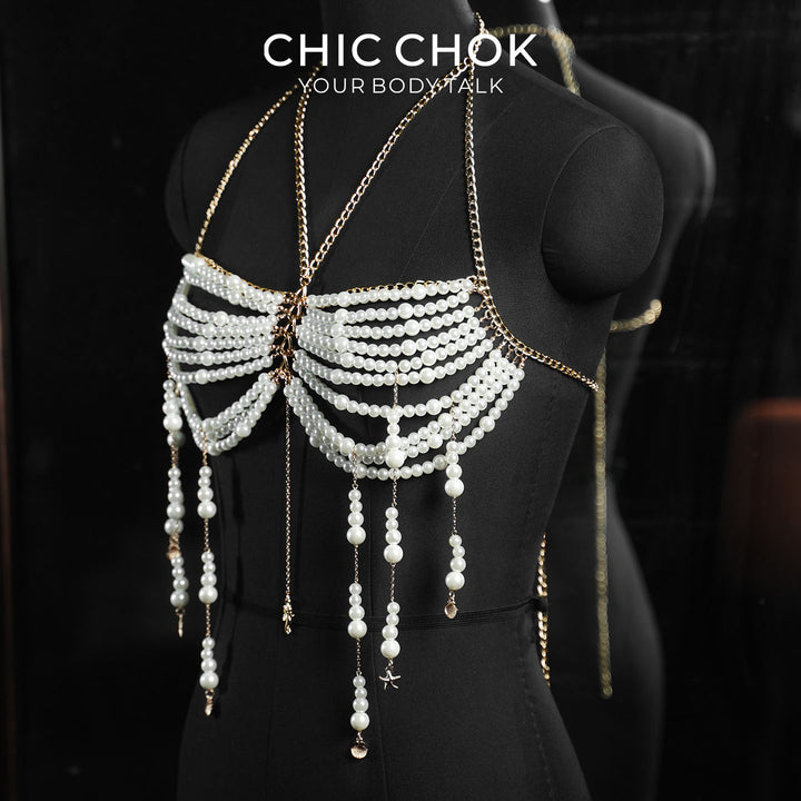 CHICCHOK Golden Pearl Cascade | Layered Halter Body Chain | Tassel Cape Harness Bralette