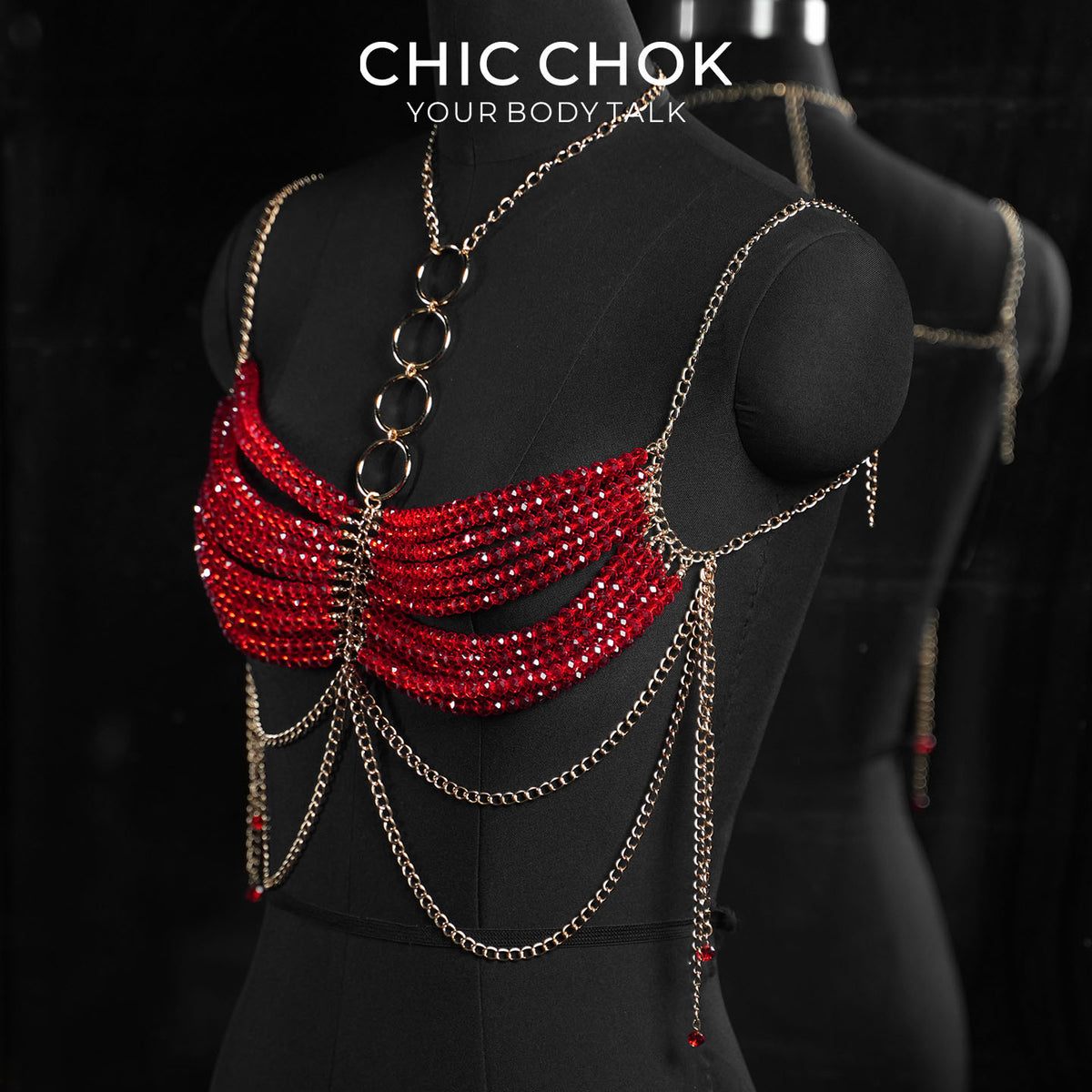 CHICCHOK Gypsy Kiss | Red Crystal Bralette Body Chain | Layered Gold Boho Harness