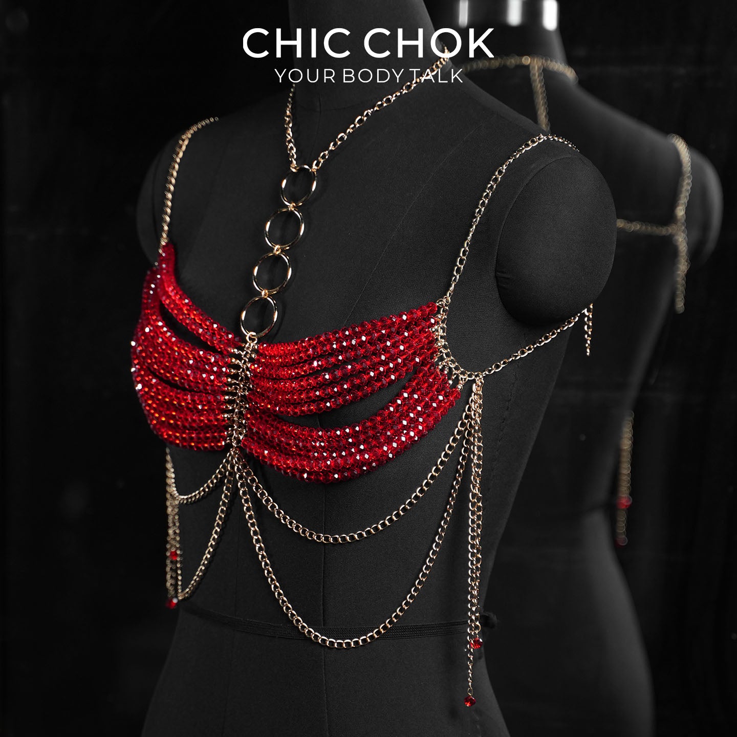 CHICCHOK Gypsy Kiss | Rantai Tubuh Bralette Kristal Merah | Harness Boho Emas Berlapis