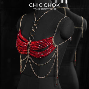 CHICCHOK Gypsy Kiss | Red Crystal Bralette Body Chain | Layered Gold Boho Harness