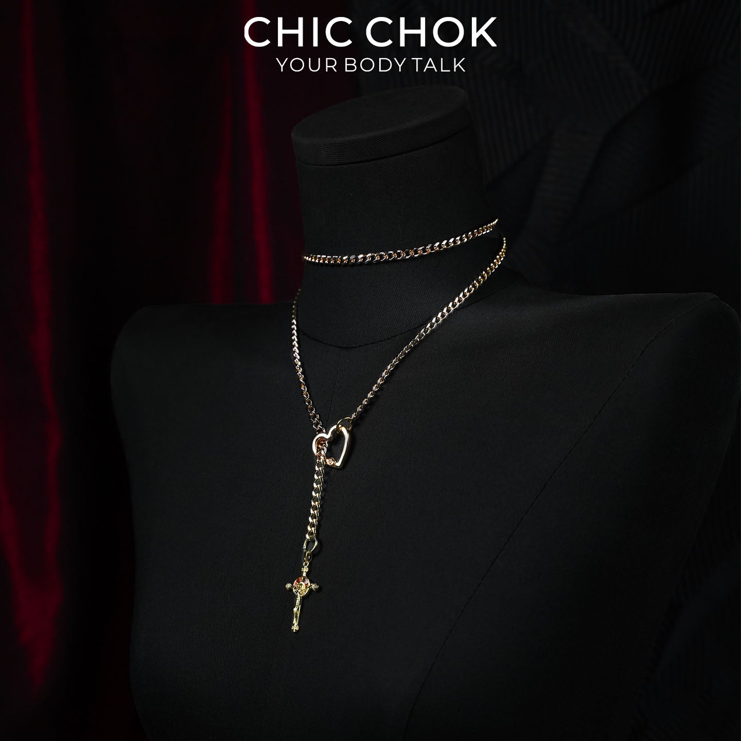 CHICCHOK Starlight Crucifix Y-Lariat Necklace | Gold Plated Jesus Cross Choker | Luxury Gothic Baroque Subversive Jewelry