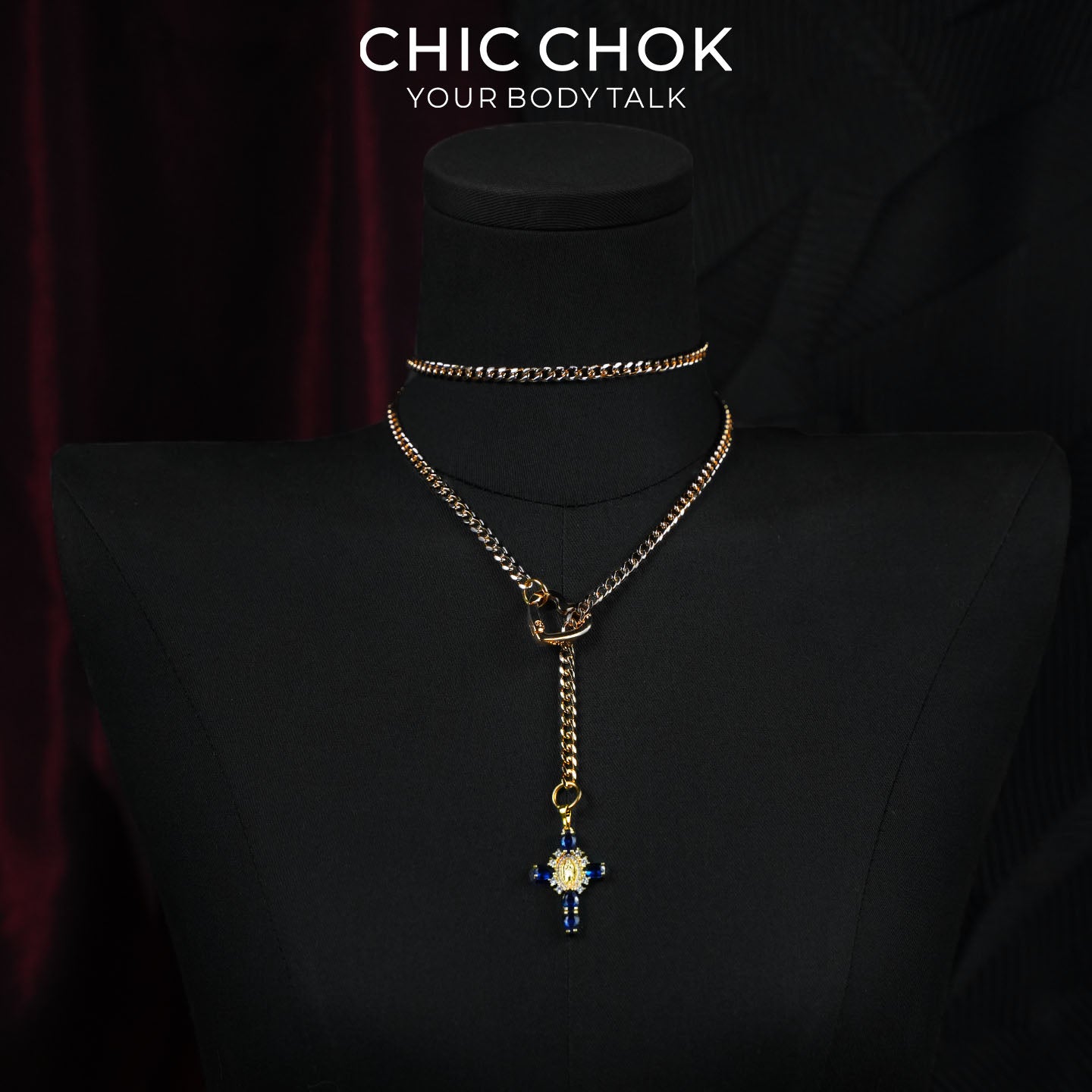 CHICCHOK Sacred Heart Emerald Shadow Y-Lariat Necklace | Gold Plated Baroque Cross Choker | Luxury Zircon Gothic Body Jewelry