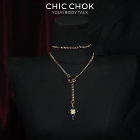 CHICCHOK Sacred Heart Emerald Shadow Y-Lariat Necklace | Gold Plated Baroque Cross Choker | Luxury Zircon Gothic Body Jewelry
