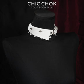 CHICCHOK Sanctuary of Chaos | White Leather Lace Choker | Gothic D-Ring Collar