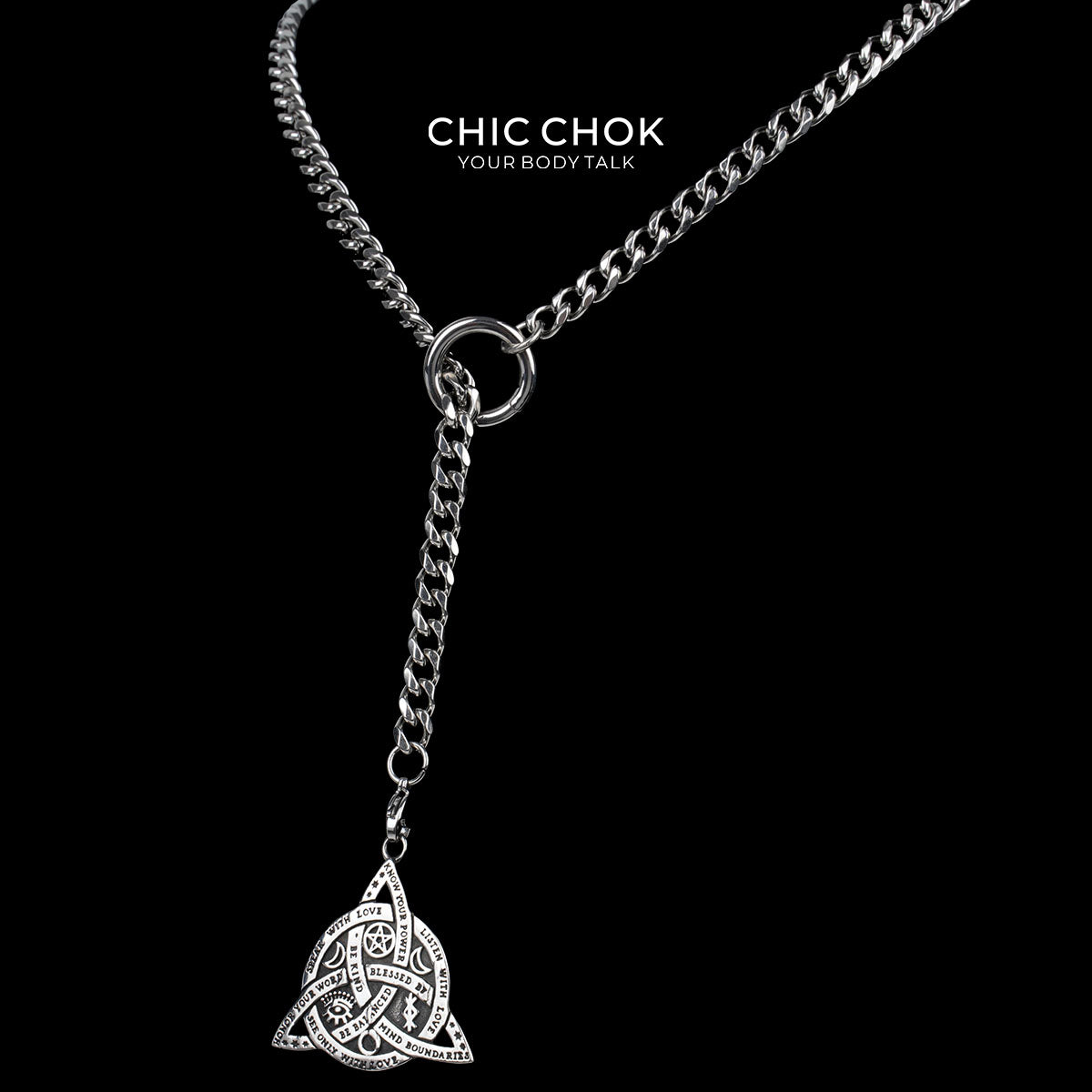 CHICCHOK "Lunar Shackle" Celtic Triquetra Pendant Stainless Steel Y-Necklace | Wiccan Rune & Pentagram Drop Chain | Dark Occult Gothic Streetwear Jewelry