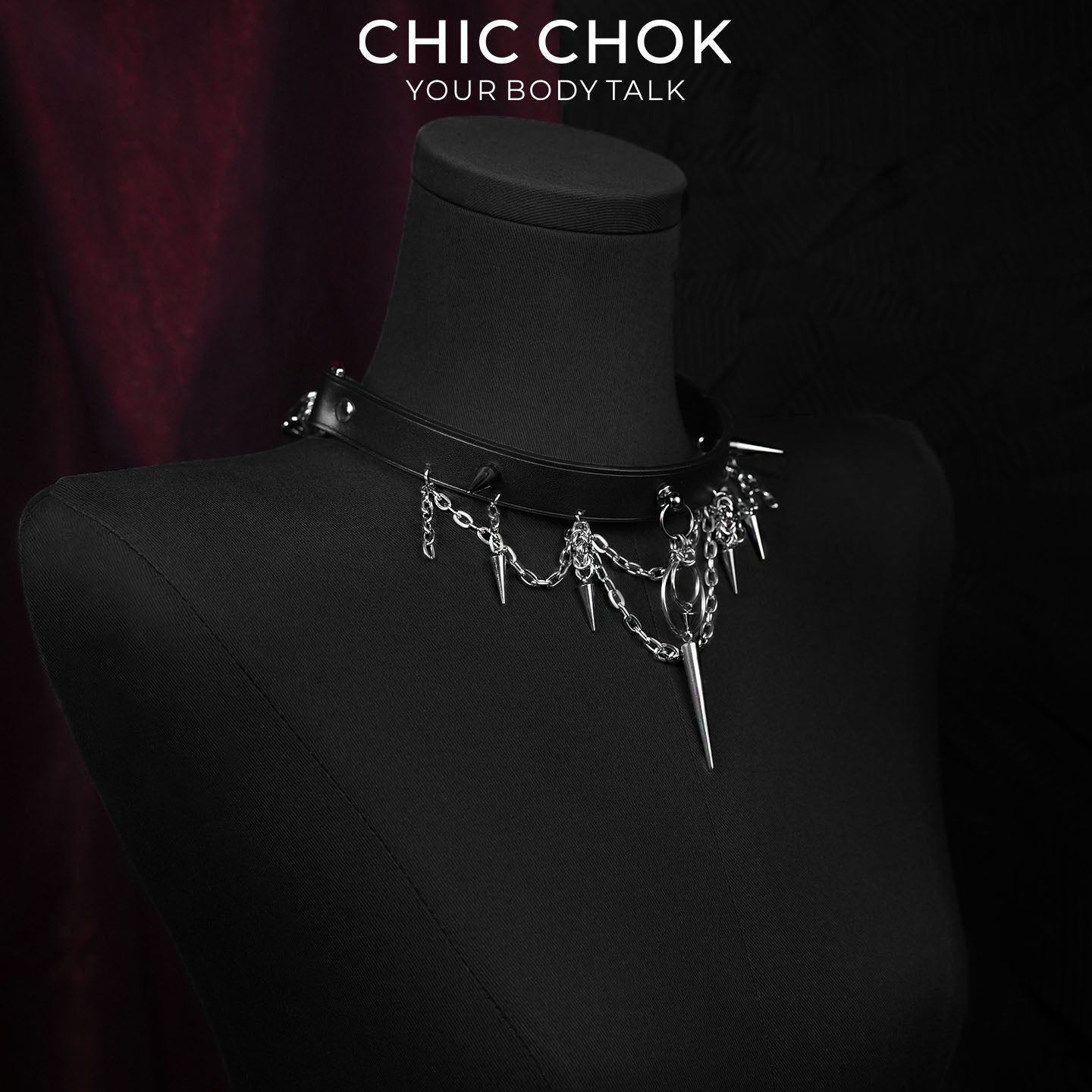 CHICCHOK Original "Thorns of Eclipse" Choker - Premium Full-Grain Leather & Stainless Steel Spiked Collar - Interactive Pull Chain Darkwear Jewelry