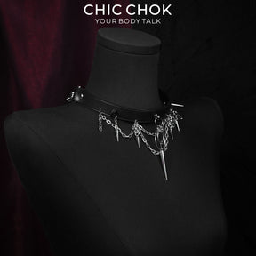 CHICCHOK Original "Thorns of Eclipse" Choker - Premium Full-Grain Leather & Stainless Steel Spiked Collar - Interactive Pull Chain Darkwear Jewelry