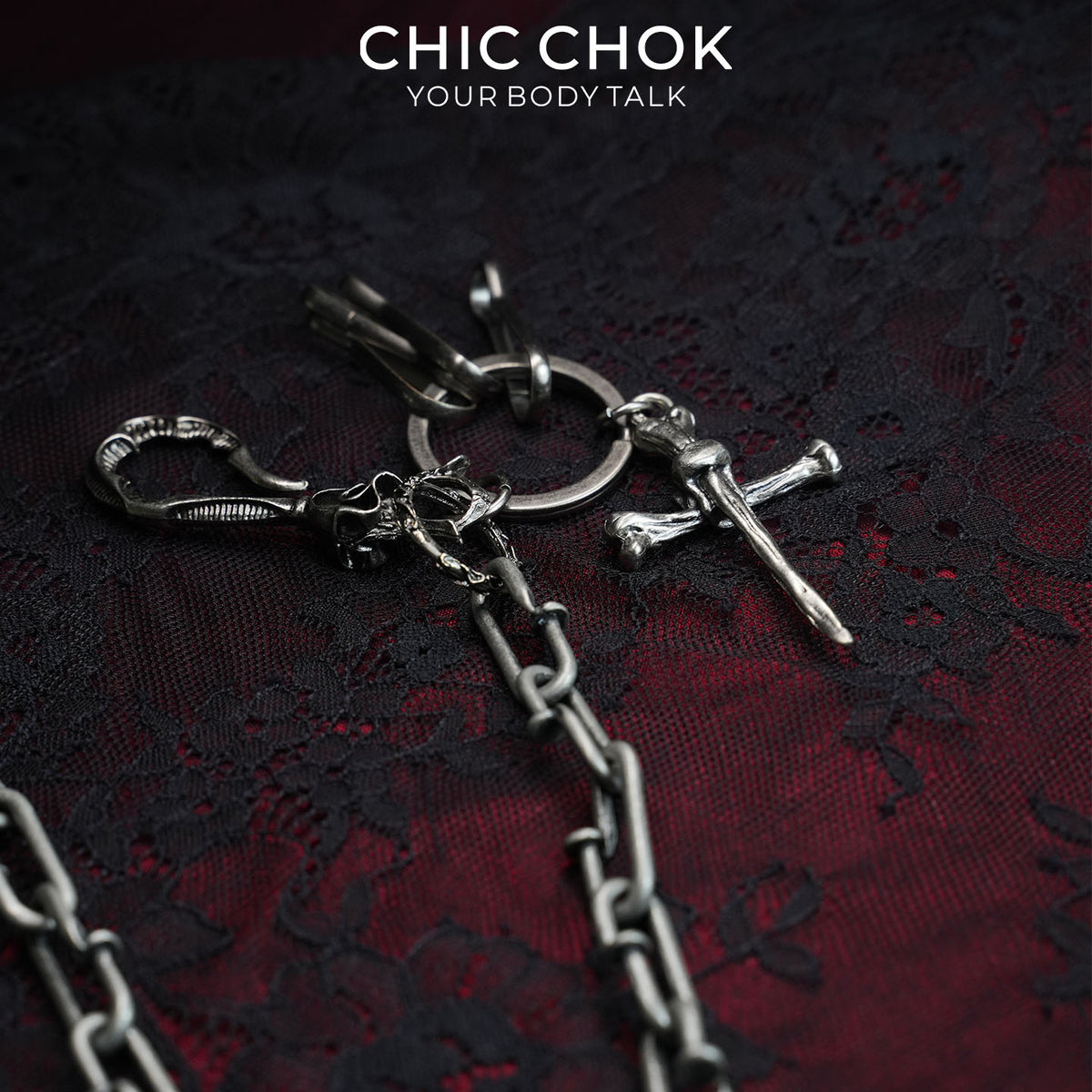 CHICCHOK Barren Bone Hook Heavy Pant Chain | Gothic Skull Cross Wallet Chain | Industrial Punk Wasteland Techwear Jewelry