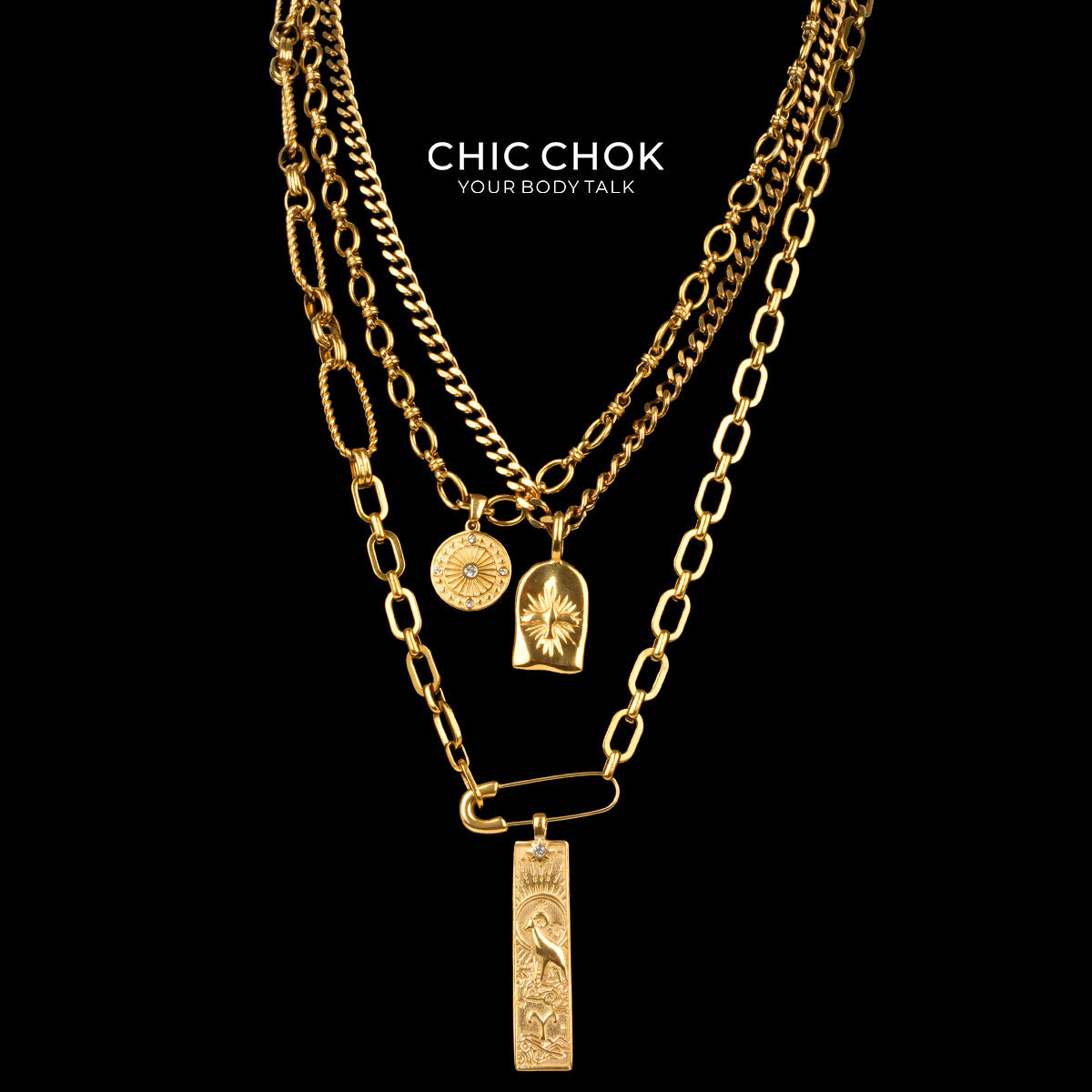 Collana a strati Capricorno con medaglia a stella e catena in oro CHICCHOK | Catena cubana vintage a 3 livelli | Tarocchi, moneta zodiacale e ciondolo a stella in rilievo, gioielli astrologici