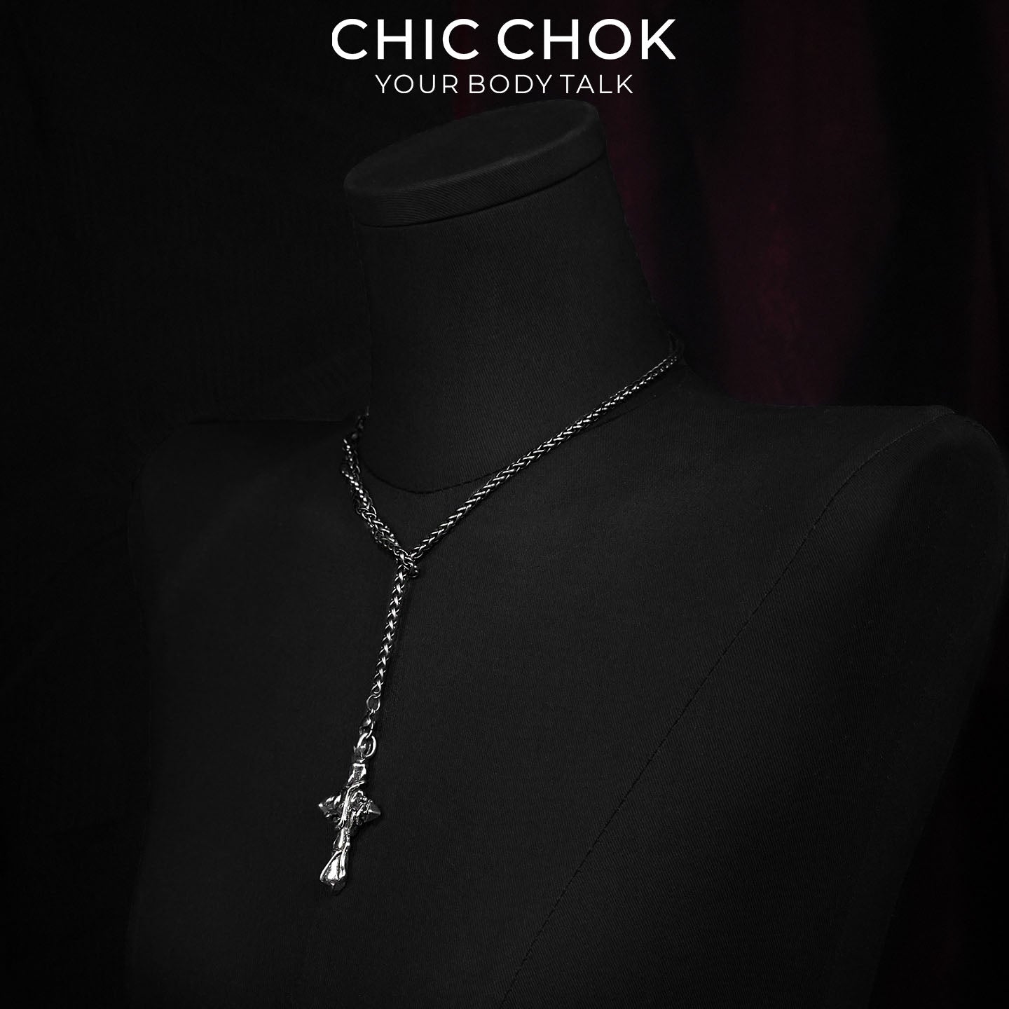 CHICCHOK Thorn Canticle | Gothic Thorns Cross Y-Necklace | Medieval Punk Woven Chain Jewelry