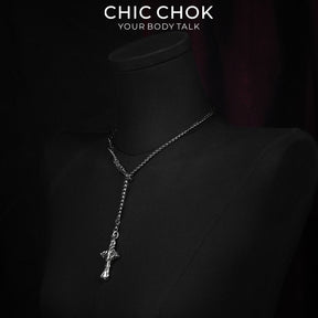 CHICCHOK Thorn Canticle | Gothic Thorns Cross Y-Necklace | Medieval Punk Woven Chain Jewelry