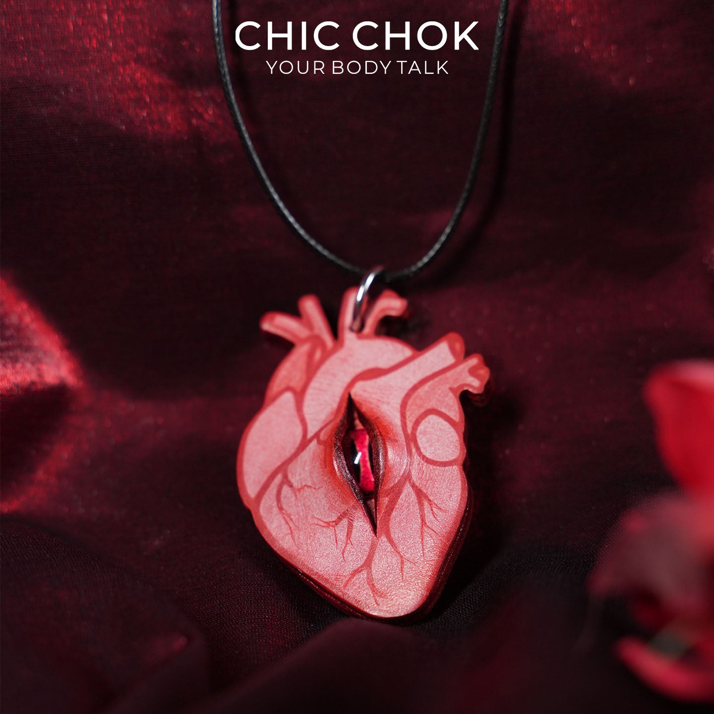 CHICCHOK Eye of the Heart Genuine Leather Necklace | Gothic Anatomical Heart Pendant | Surrealist Glass Eye Cyber Goth Jewelry