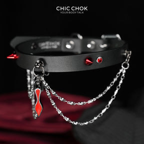 CHICCHOK "Blazing Collar" Red Tie Pendant Leather Choker | Gothic Spikes & Eyeglass Chain Drop Collar | Subversive Alt Dark Streetwear Neckwear