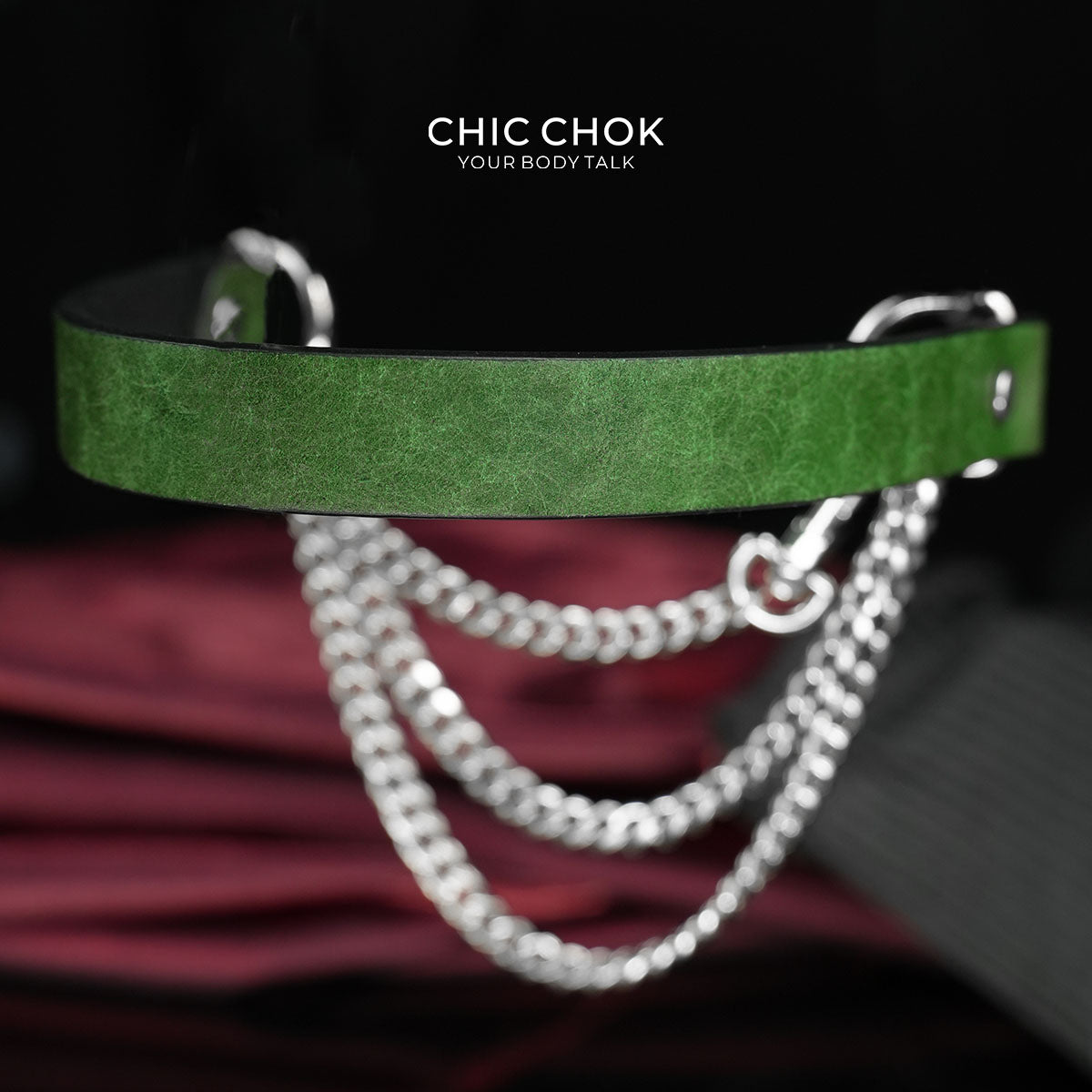 CHICCHOK "The Asphyxia" Dark Green Leather Choker | Triple Layered Stainless Steel Chains | Heavy Metal Grunge Subculture Neckwear