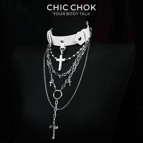 CHICCHOK Original "Martyr's Shadow" Choker - Layered Cross Monastery Style Necklace - Premium White Leather & Stainless Steel Nun Aesthetic Jewelry