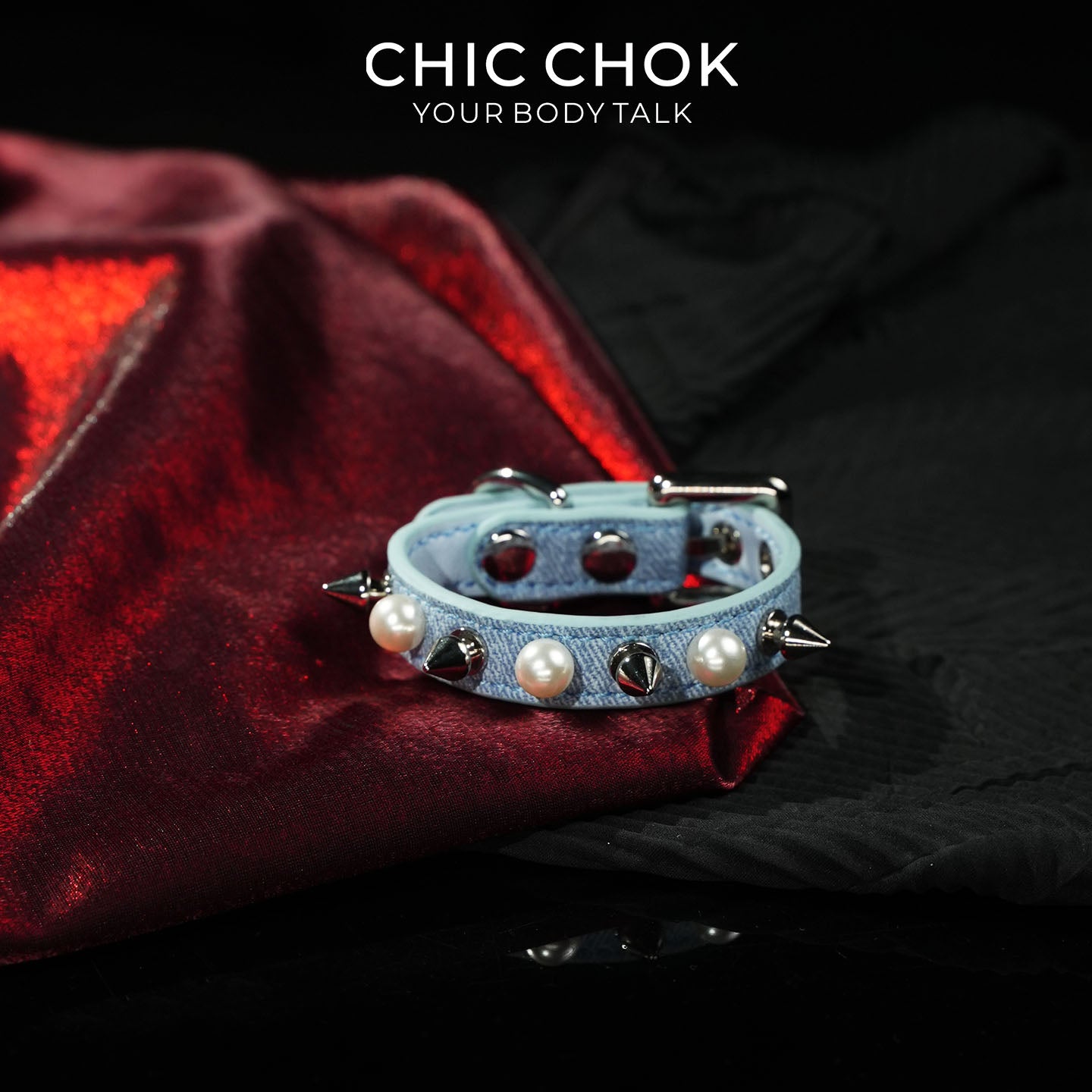 CHICCHOK Hidden Edge Denim Spiked Pearl Bracelet | Gothic Light Blue Washed Canvas Cuff | Y2K Cyberpunk Punk Rock Metal Studded Wristband for Sensitive Skin