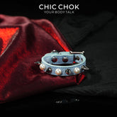CHICCHOK Hidden Edge Denim Spiked Pearl Bracelet | Gothic Light Blue Washed Canvas Cuff | Y2K Cyberpunk Punk Rock Metal Studded Wristband for Sensitive Skin
